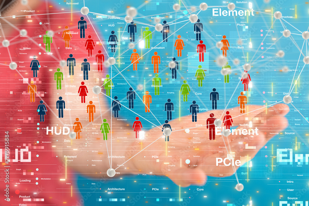 Aufkleber Global network. Blockchain. 3D illustration. Neural networks and artificial intelligence. Abstract
