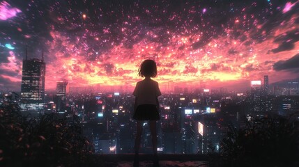 Girl Watching a Futuristic Cityscape Under a Stunning, Fiery Sky