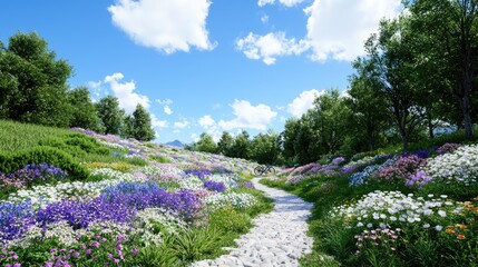 Fototapeta premium Sunny path through vibrant wildflowers, mountain backdrop, idyllic spring scene, nature tourism