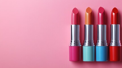 Colorful lipsticks on pink background, beauty product