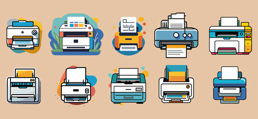 Sets icon collection of colorful cartoon style illustrations of different types of printers on a beige background, each with unique designs and elements