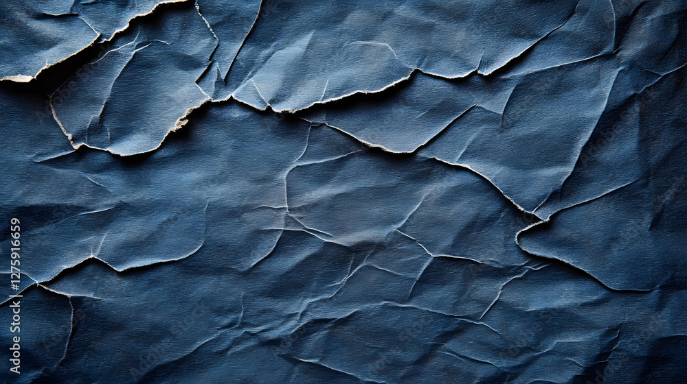 Poster deep blue crumpled paper texture background image with ripped edges and creases