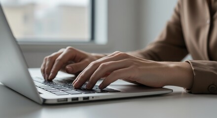 Woman Typing on Laptop in Professional Workspace