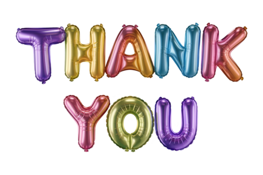 Rainbow foil balloons spell Thank You isolated on transparent background