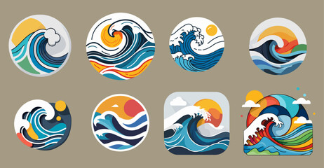 Sets icon collection of stylized illustrations of ocean waves in various circular frames, each with unique designs and vibrant colors, capturing the dynamic and powerful nature of the sea