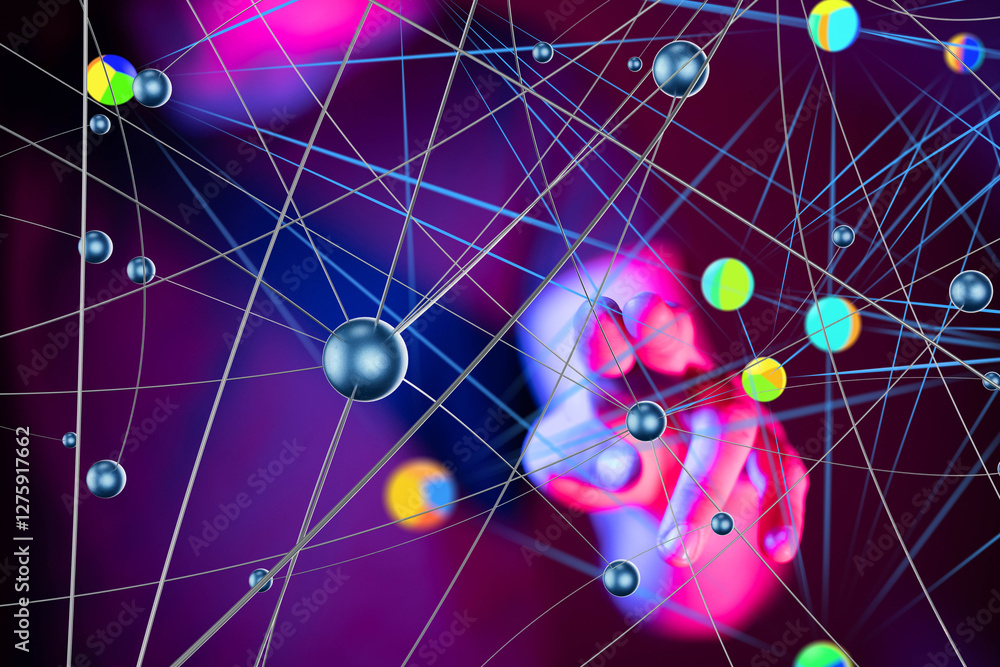 Aufkleber Global network. Blockchain. 3D illustration. Neural networks and artificial intelligence. Abstract