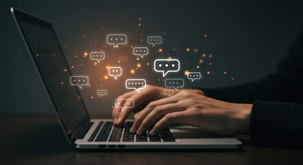 Hands Typing on Laptop with Speech Bubbles and Warm Tones