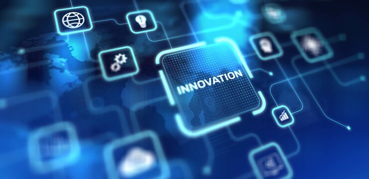 Innovation Driving Business Growth and Technological Advancement, projection on a virtual screen, Business and Technology Concept.