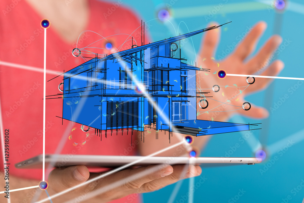 Aufkleber home data. Digital cyberspace with particles and Digital data network connections concept.