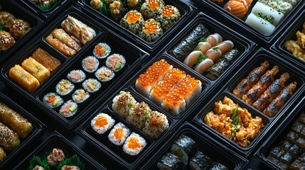 Japanese bento lunch box including onigiri, tempura, and tamagoyaki, neatly arranged in stylish black lacquered containers, generated AI