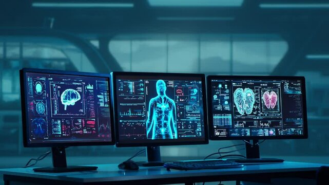 Doctor working at futuristic office, multiple monitors displaying medical images, data and body scans.
