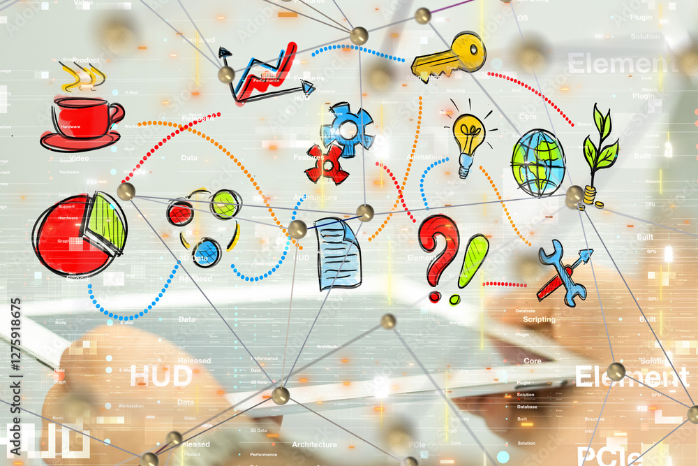 Poster Global network. Blockchain. 3D illustration. Neural networks and artificial intelligence. Abstract