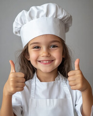 Enfant en tenue de chef avec un tablier blanc, pouce levé