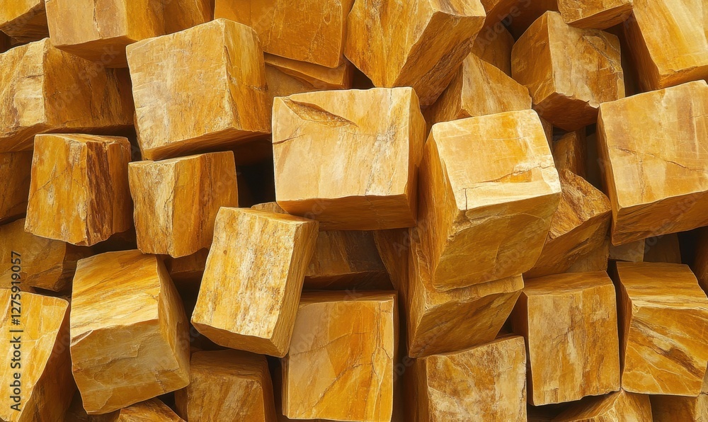 Poster close-up view of stacked yellow blocks, showcasing texture and color variations in a natural setting