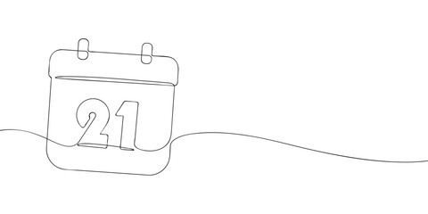Simple one-line drawing of a desk calendar displaying twenty first day of the month. The minimalistic design represents new beginnings, celebrations, and planning. Vector illustration.