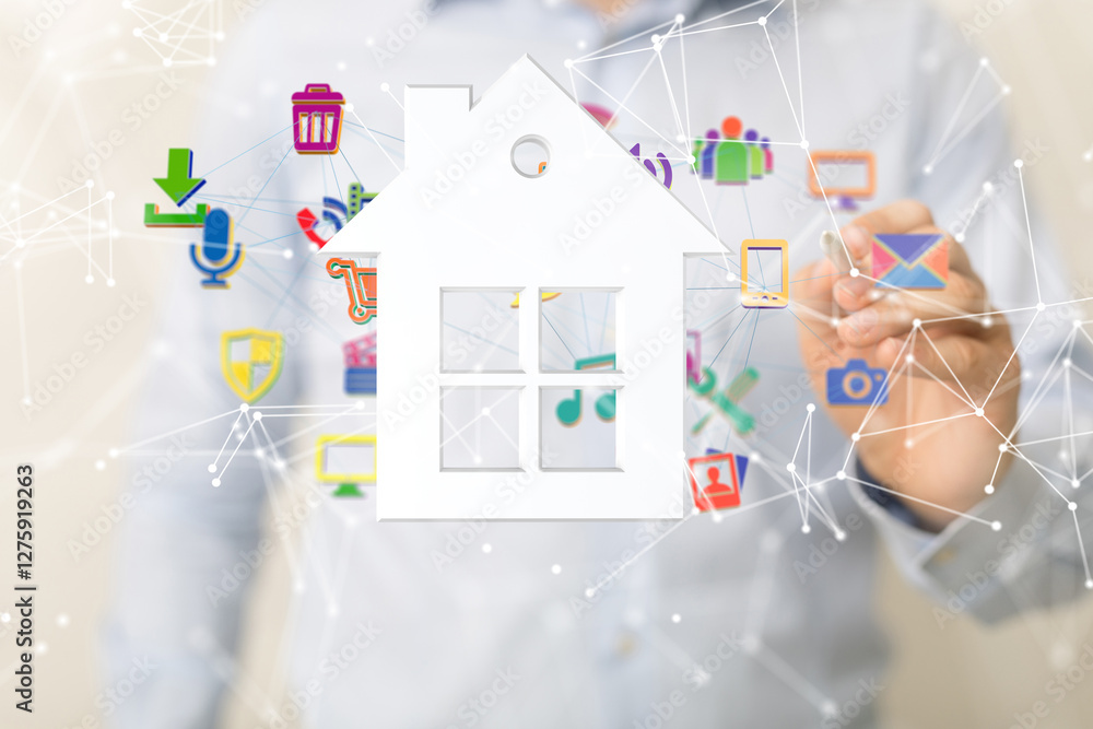 Poster home iot - neural network 3d illustration. big data and cybersecurity