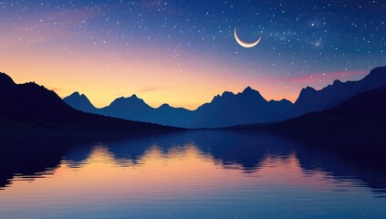 Fototapeta premium Serene night scene with crescent moon, stars, mountain silhouettes, and calm lake, copy space for Islamic Ramadan Eid banner or poster
