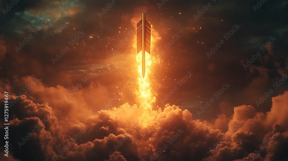 Poster a vibrant 3d arrow launching into the sky, surrounded by smoke, capturing a dynamic and imaginative 