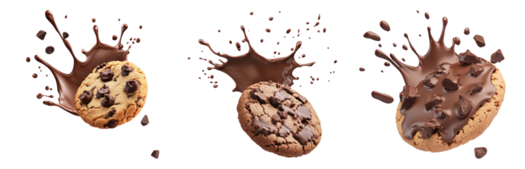 Chocolate Cookies with Splashing Melted Chocolate Isolated on transparent background