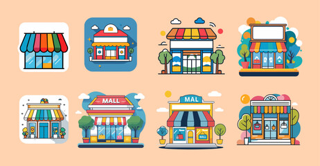 Sets icon collection of colorful, cartoon style storefronts, each uniquely designed and vibrant, illustrating various retail buildings with whimsical and playful details