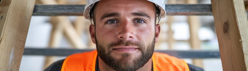 Obraz premium The focused gaze of a construction worker embodies dedication and commitment on the job site Adorned in essential safety equipment, including a sturdy hard hat and vibrant high-visibility vest, this