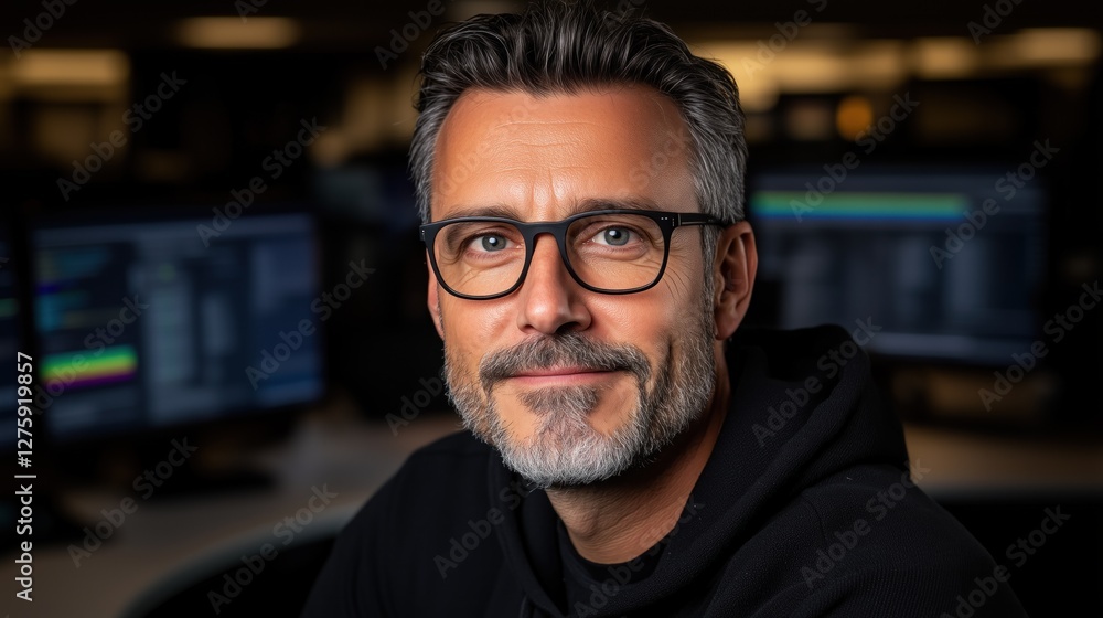 Poster man with glasses and a beard is smiling confidently in a contemporary office filled with computer sc
