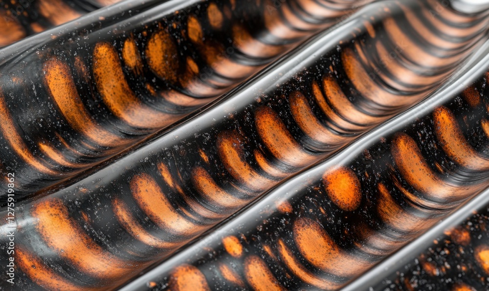 Poster close-up view of textured surfaces with alternating patterns of orange and black, showcasing intrica