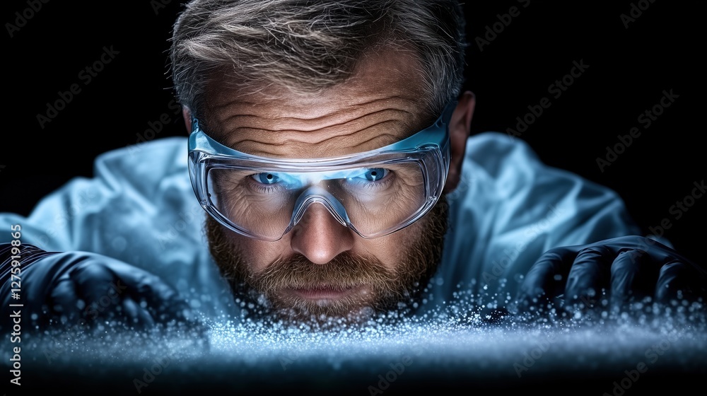 Poster focused scientist in protective eyewear studies fine particles on a surface, showcasing precision in