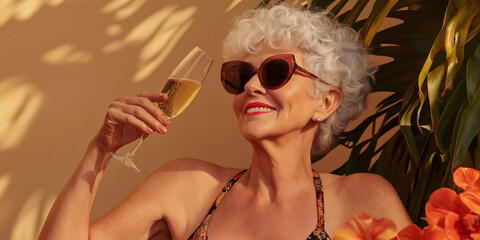 Lifestyle portrait of elderly woman in swimsuit drinking sparkling wine on tropical summer holiday