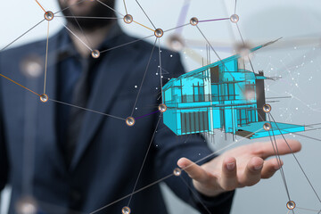home data. Digital cyberspace with particles and Digital data network connections concept.