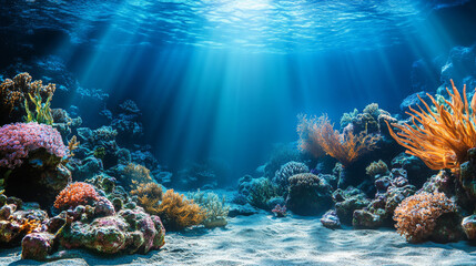 Deep underwater seabed with corals, seaweeds and stones on sand bottom. Cartoon vector illustration of empty ocean or aquarium floor with tropical plants and light rays. Marine landscape with algae.