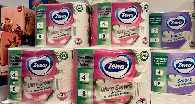 Duisburg, Germany - February 18, 2025: Zewa Paper Towels Rolls in a Shelf of a Pharmacy Store