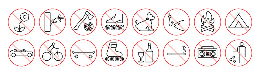 Fototapeta premium Park prohibition signs line icons editable stroke hand drawn vector objects use for digital designs brochures informational signage in outdoor environments