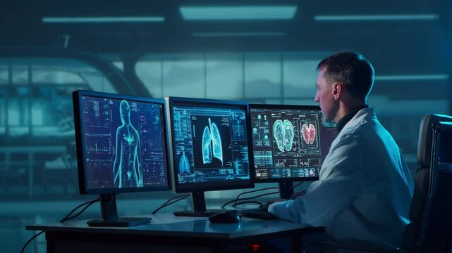 Doctor working at futuristic office, multiple monitors displaying medical images, data and body scans.