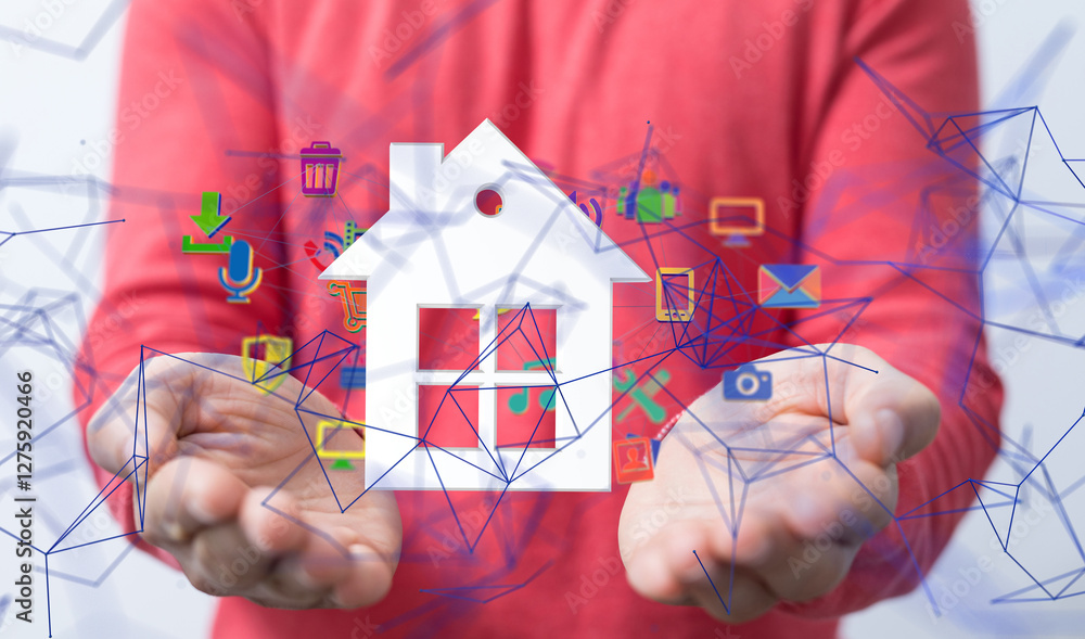 Poster home iot - Neural network 3D illustration. Big data and cybersecurity - neural network exposure digital