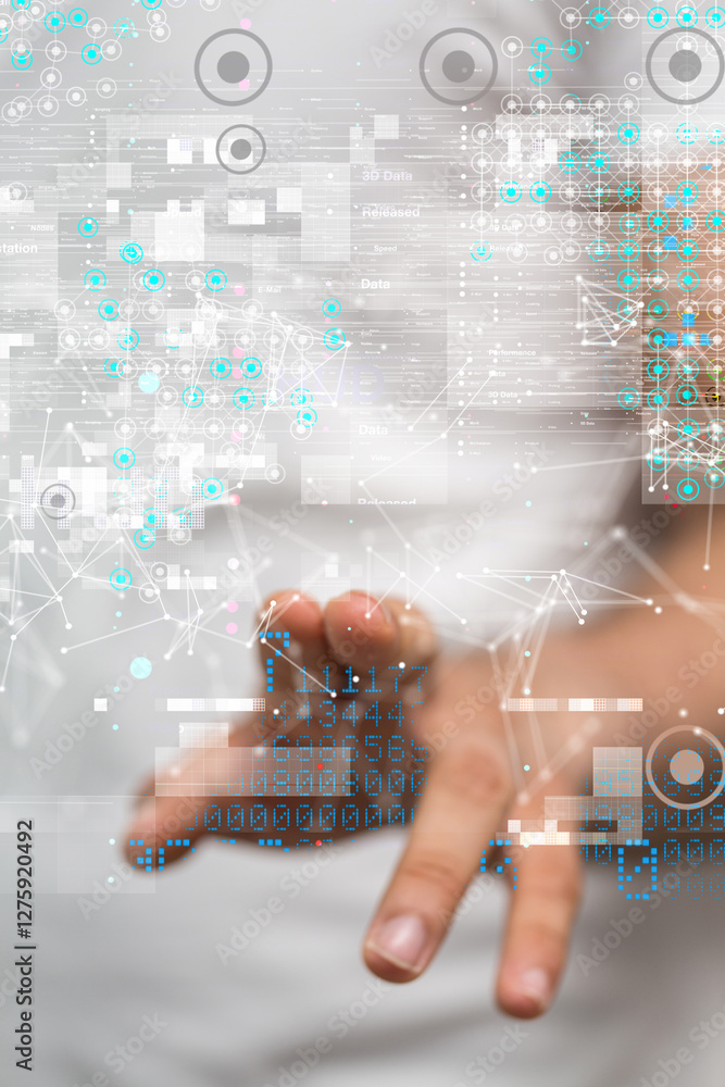 Poster Neural network 3D illustration. Big data and cybersecurity