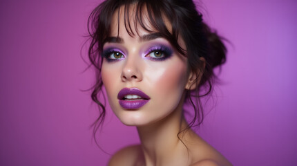 Beautiful young brunette woman with bright purple makeup on purple background, beauty and style concept