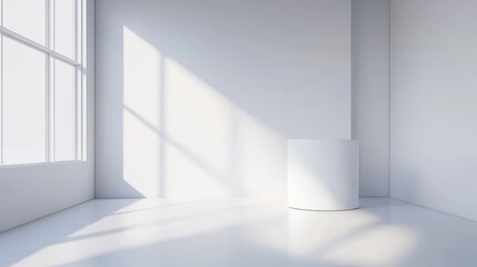 3d white booth stand room with wall for trade event mockup. Empty display corner with podium on floor mock up template. Blank presentation showroom interior set. Isolated exhibit advertising cube area
