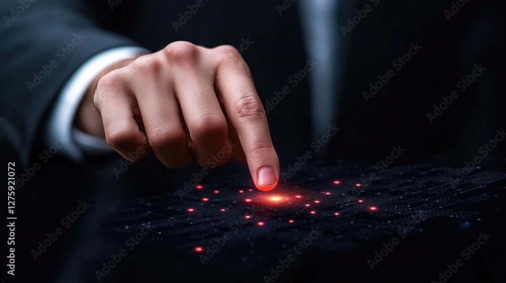 Poster hand is extending towards a cluster of glowing red dots on a dark, textured surface, illustrating concepts of connection and technological advancement in a modern context