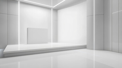 Fototapeta premium 3d white booth stand room with wall for trade event mockup. Empty display corner with podium on floor mock up template. Blank presentation showroom interior set. Isolated exhibit advertising cube area