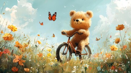 A cute illustration of a baby bear learning to ride a bike in a sunny meadow, with butterflies flying around and flowers blooming, perfect for a story about new experiences