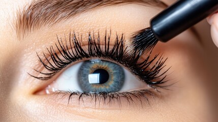 Naklejka premium close-up view of a person applying mascara to their long eyelashes. activity takes place in a well-lit area, emphasizing the eyes natural beauty and the precision of makeup application