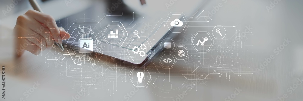 Poster ai and data analytics for innovation and efficiency on a wide banner, business and technology concep