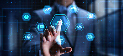 Risk Management Identifying and Mitigating Business Risks, projection on a virtual screen, Business...
