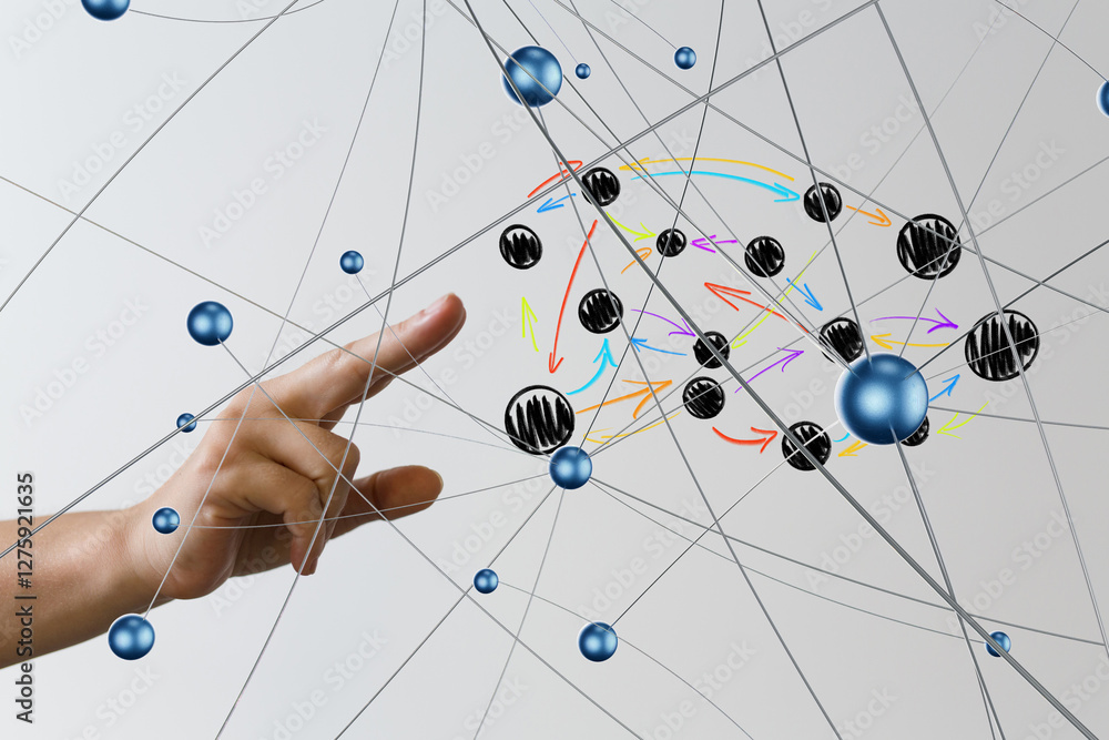 Poster Global network. Blockchain. 3D illustration. Neural networks and artificial intelligence. Abstract