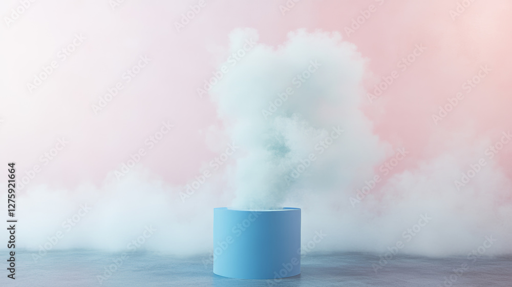 Poster blue cylinder product podium with abstract white cloud or smoke shape on pastel wall background. rea
