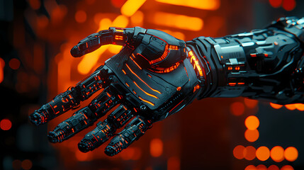 A futuristic robotic hand with glowing elements, set against an orange-lit background, showcasing advanced technology and design.