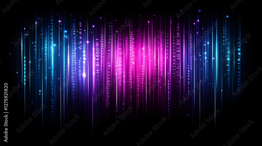 Poster abstract digital rain background with glowing purple and blue vertical lines and binary code