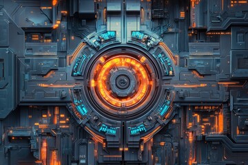 Fototapeta premium Futuristic tech panel with glowing core, orange and blue accents. Ideal for sci-fi, technology, or energy themed projects, websites, and presentations.