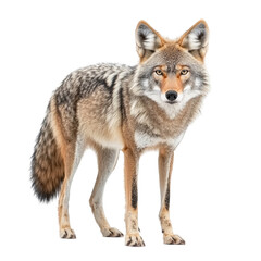 Fototapeta premium Coyote standing alert in natural habitat, observing surroundings isolated on png transparent background, cut out